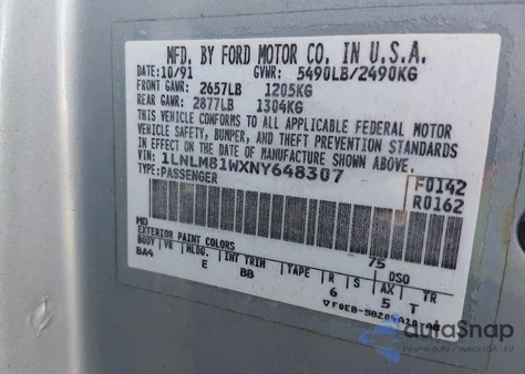 1992 Lincoln Town Car Executive z USA, uszkodzony, nr VIN 1LNLM81WXNY648307